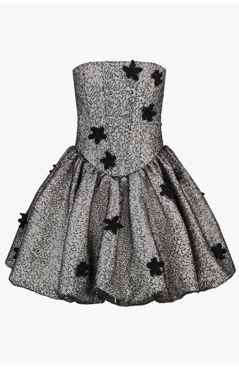 Malva Florea Sequin Balloon-Hem Mini Dress With Crochet Florals, Main, color, Black