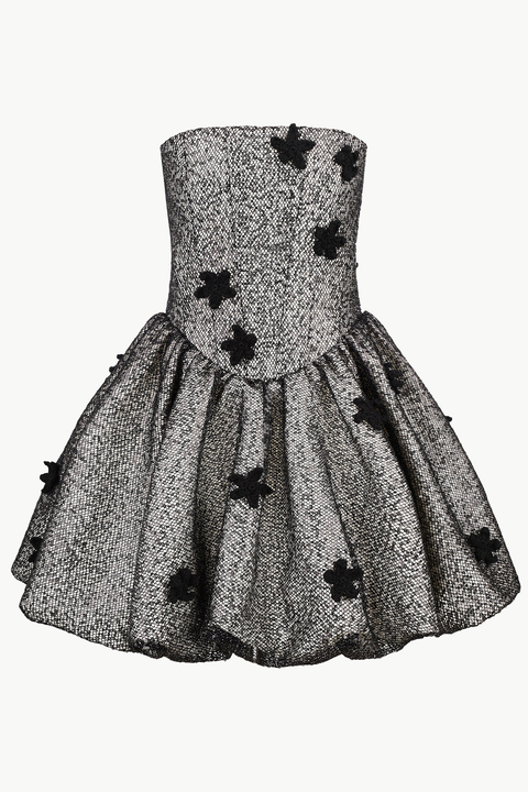 Sequin Balloon-Hem Mini Dress With Crochet Florals