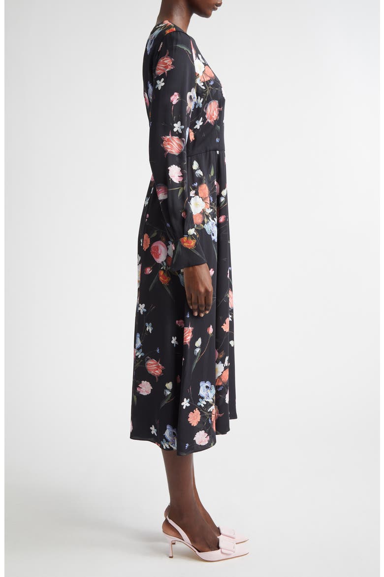 Floral Long Sleeve Crepe Midi Dress, Alternate, color, DUTCH FLOWER PAINTING BLACK