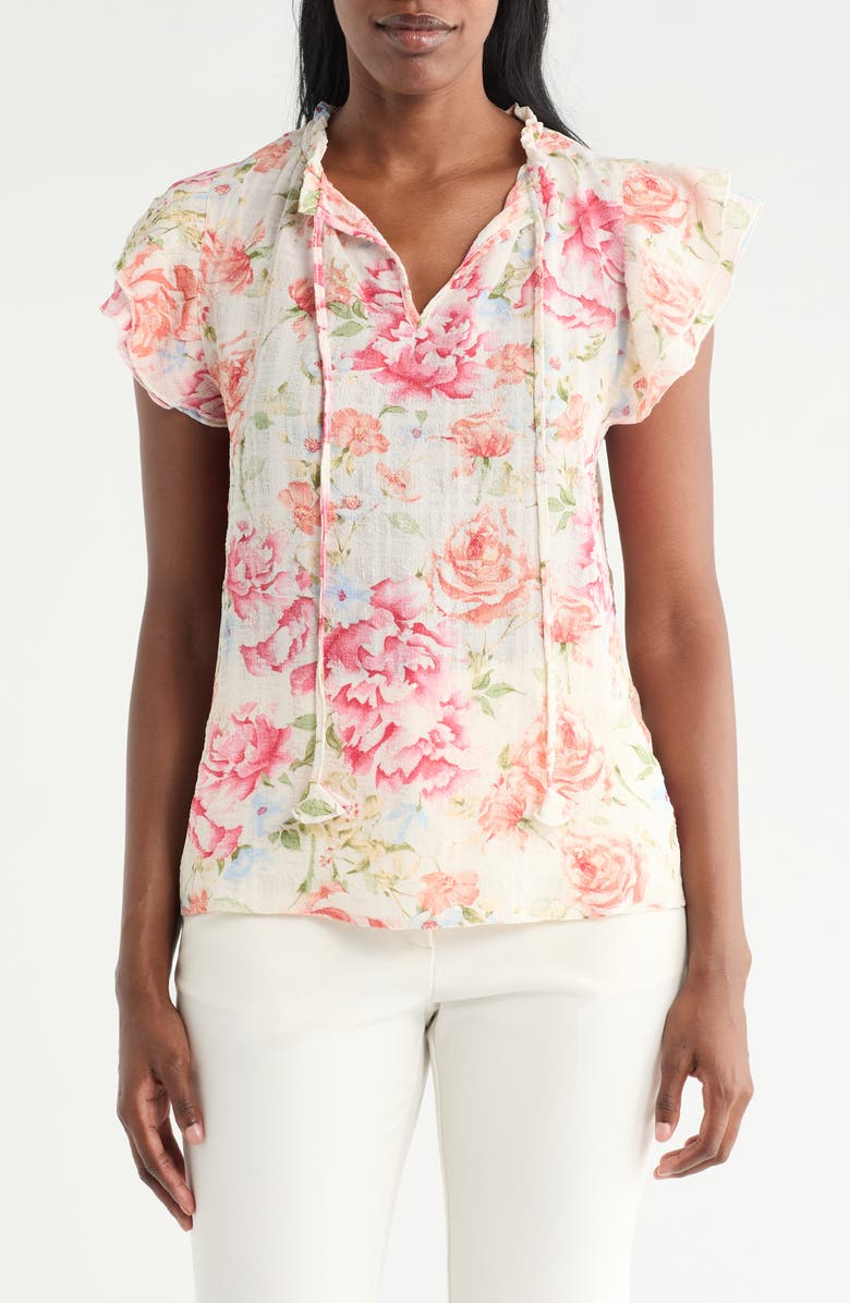 CHENAULT Flutter Sleeve Tie Front Top, Main, color, Ivory Multi