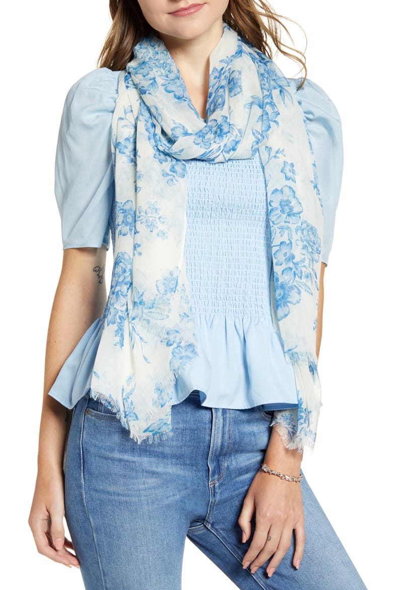 Floral Modal & Silk Scarf, Main, color, BLUE MEDITERRANEAN BOUQUET