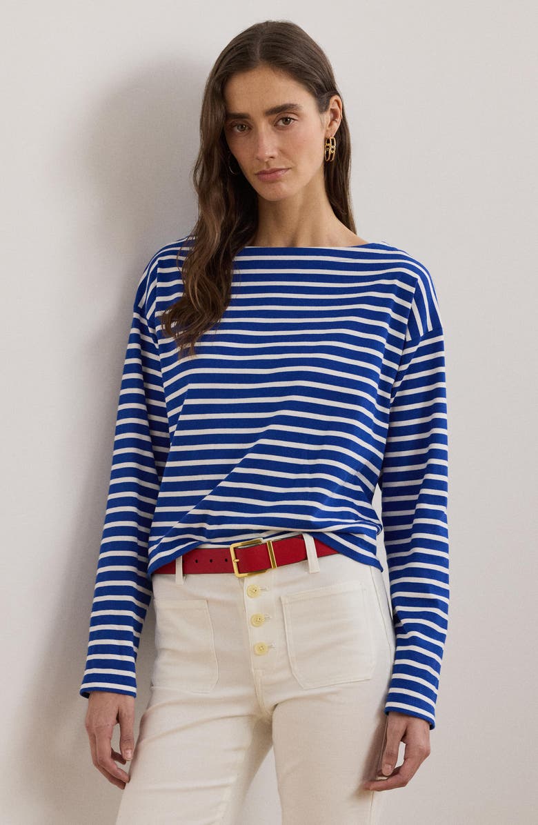 Ralph Lauren Women's Wrap Top Faux Wrap Boat Neck Blue Size Large