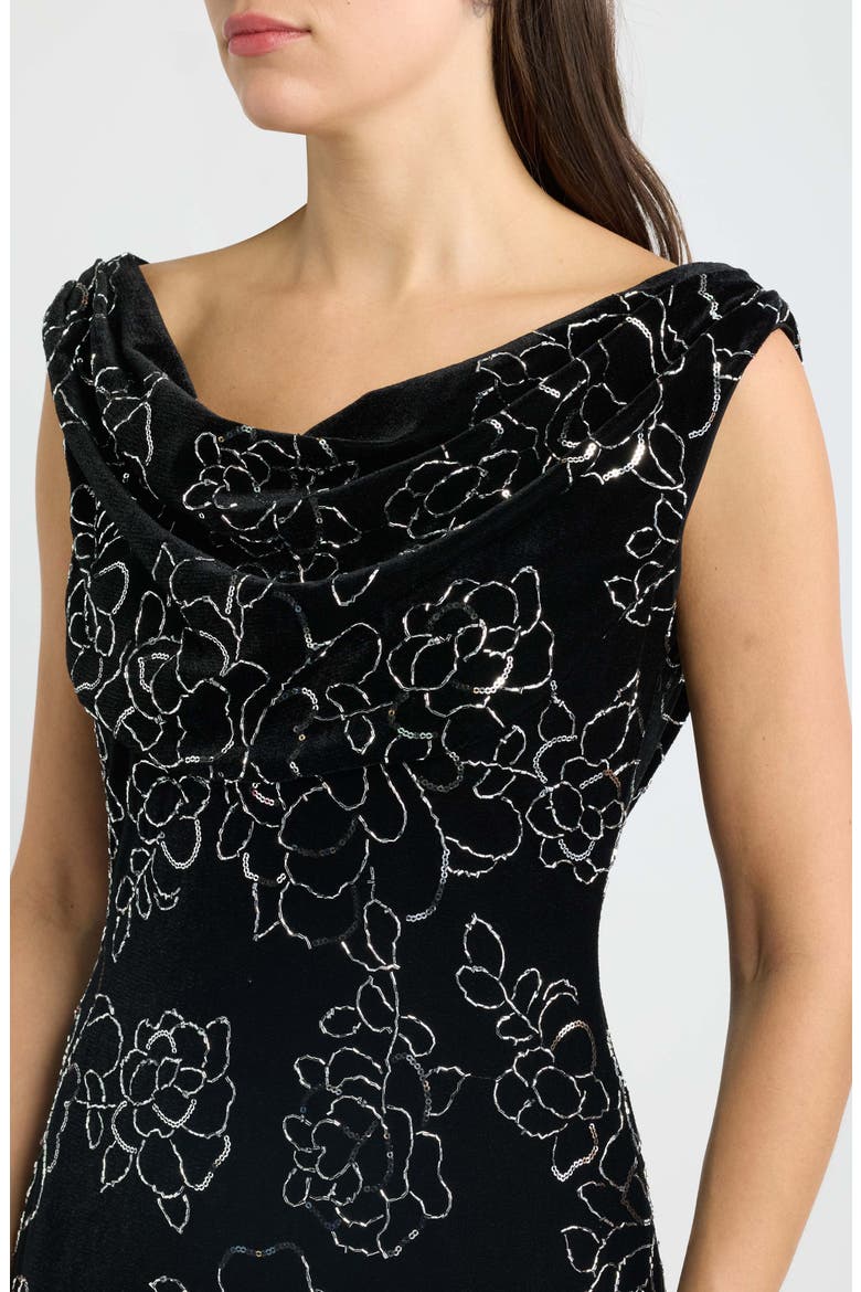 Floral Sequin Drape Neck Velvet Gown, Alternate, color, BLACK SILV