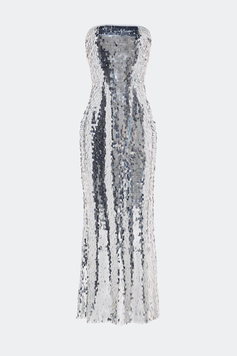 Sculpty Strapless Teardrop Sequin Dress, Alternate, color, Satellite Silver