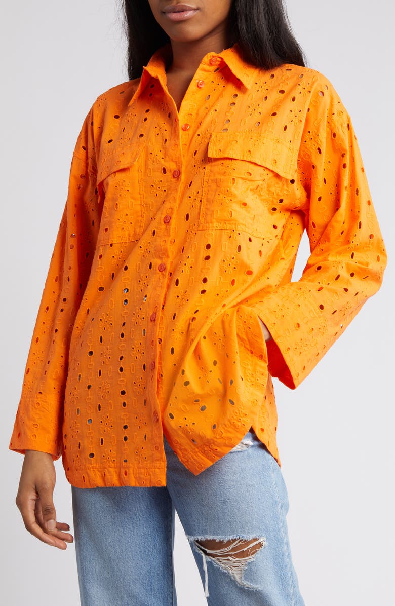 ASOS DESIGN Relaxed Fit Broderie Anglaise Button-Up Shirt, Main, color, 