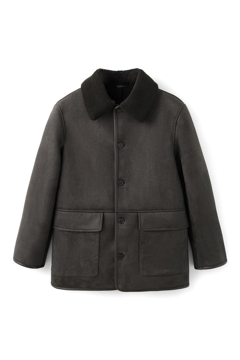 Faux Suede & Faux Shearling Collar Jacket, Alternate, color, CHOCOLATE TRUFFLE / GREY