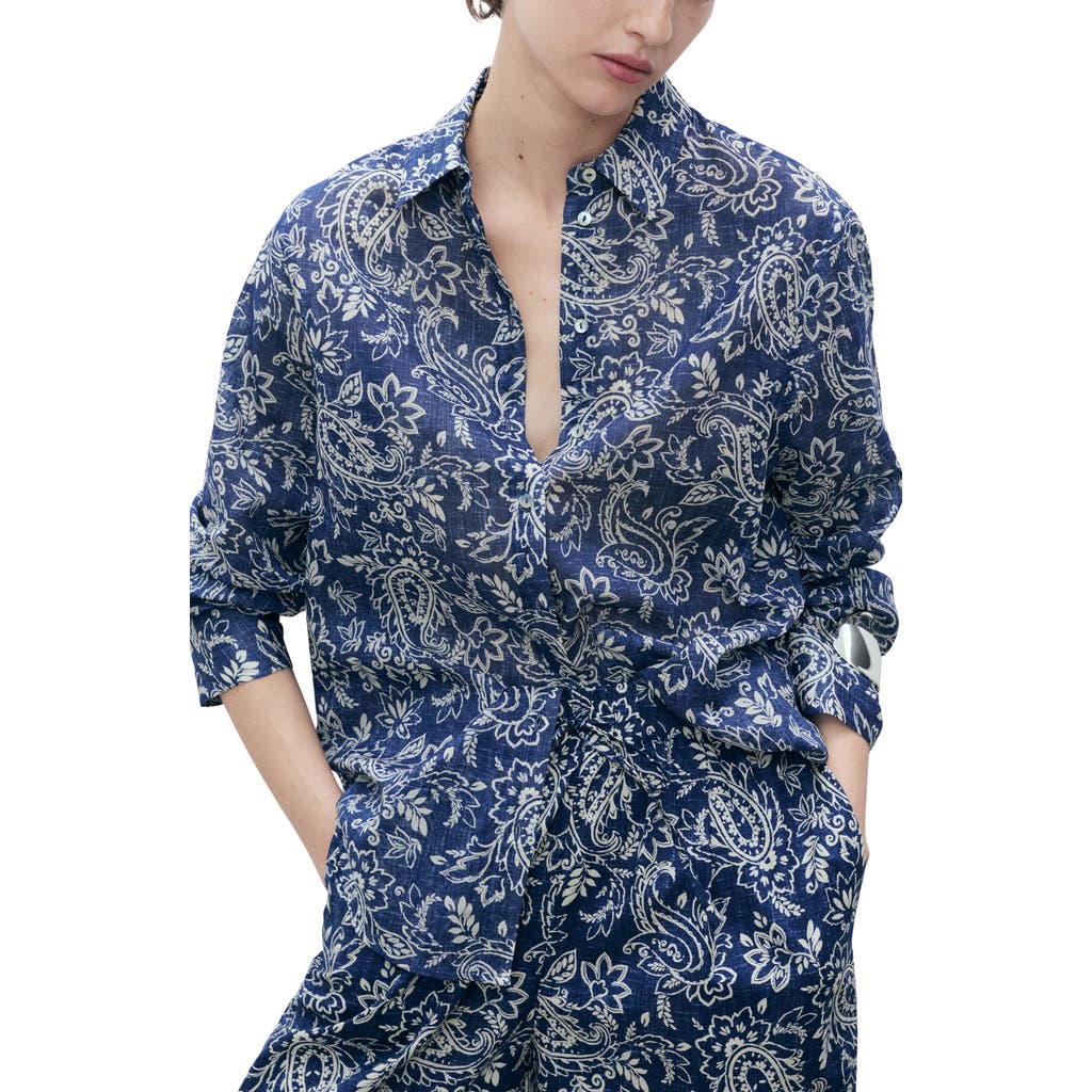 Mango Print Cotton Button-up Shirt In Blue