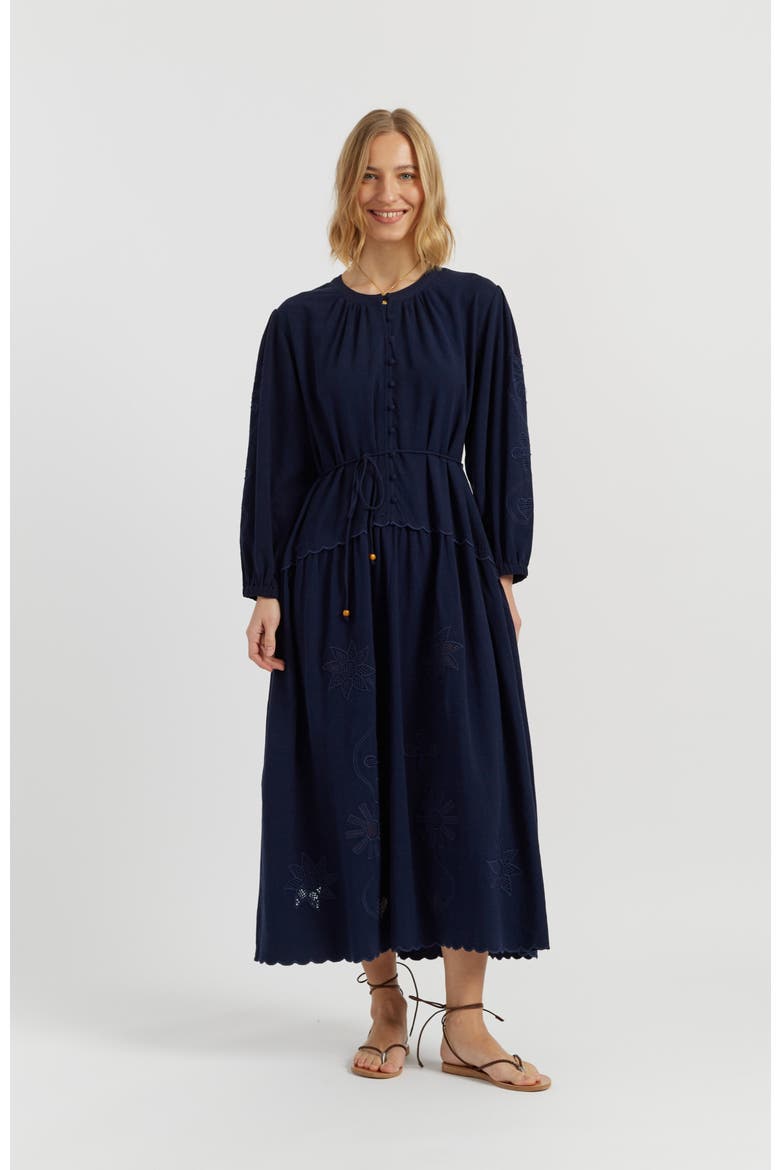 Sienna Linen-Blend Broderie Dress, Main, color, Navy