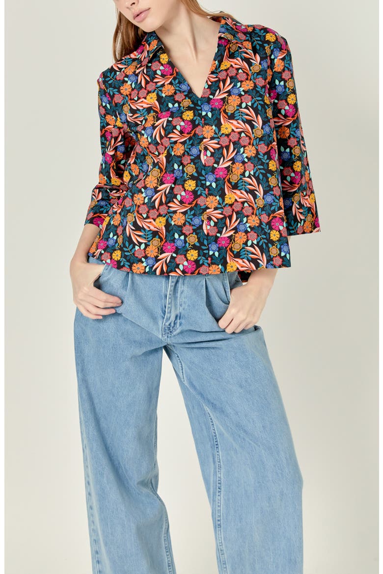 Floral Cotton Popover Shirt, Alternate, color, BLACK MULTI