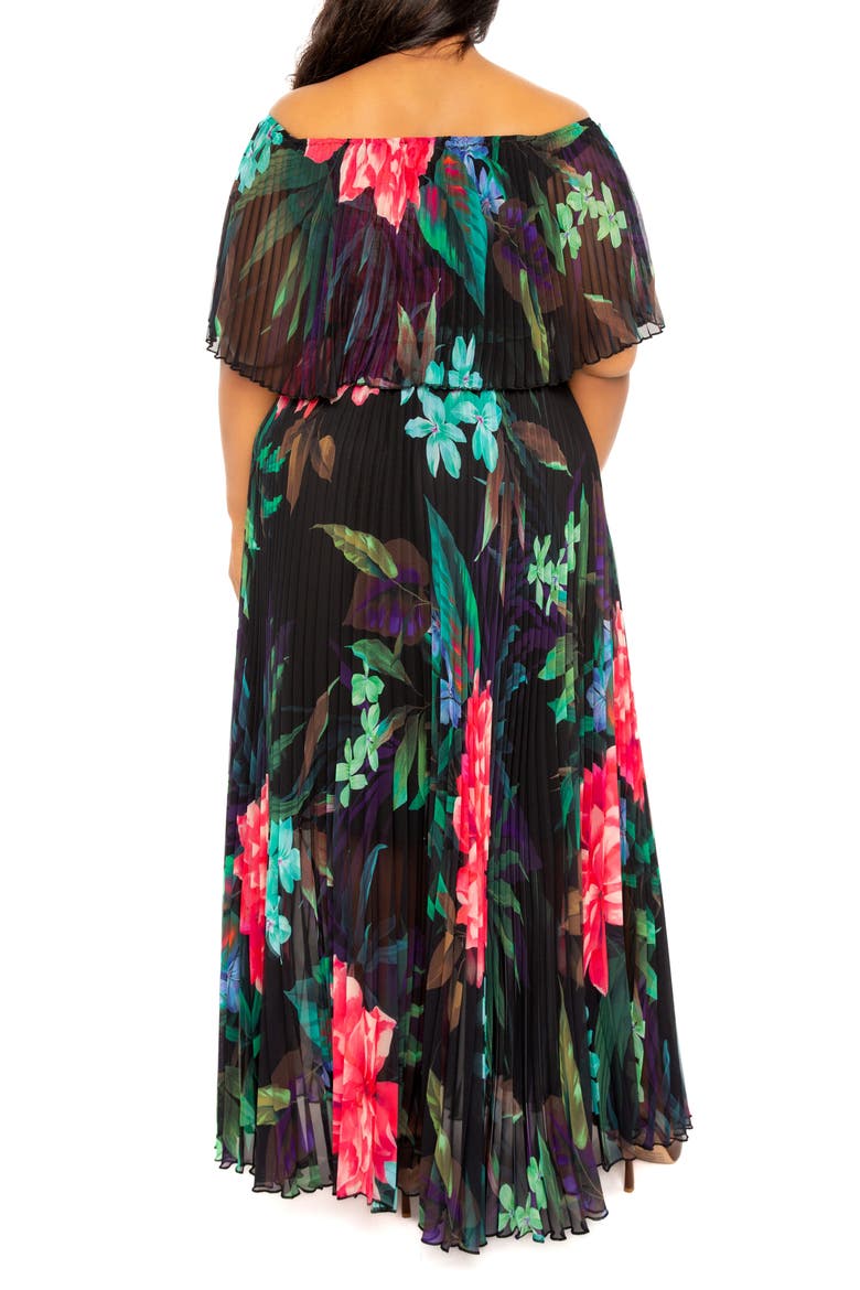 Floral Pleated Off the Shoulder Maxi Dress, Alternate, color, BLACK MULTI