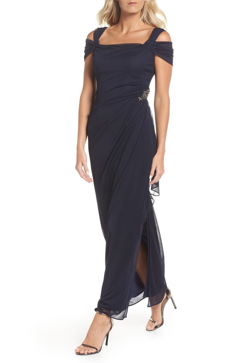 Embellished Cold Shoulder Column Evening Gown, Main, color, NAVY