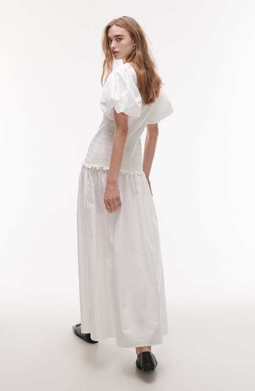 Topshop Puff Sleeve Square Neck Shirred Midi Dress In White