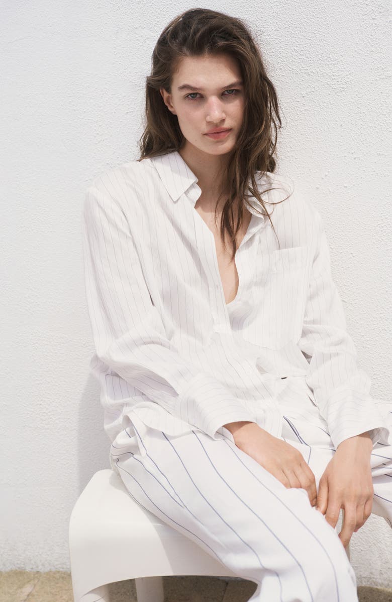 MANGO Stripe Sheer Long-Sleeve Button-Up Shirt, Alternate, color, Off White