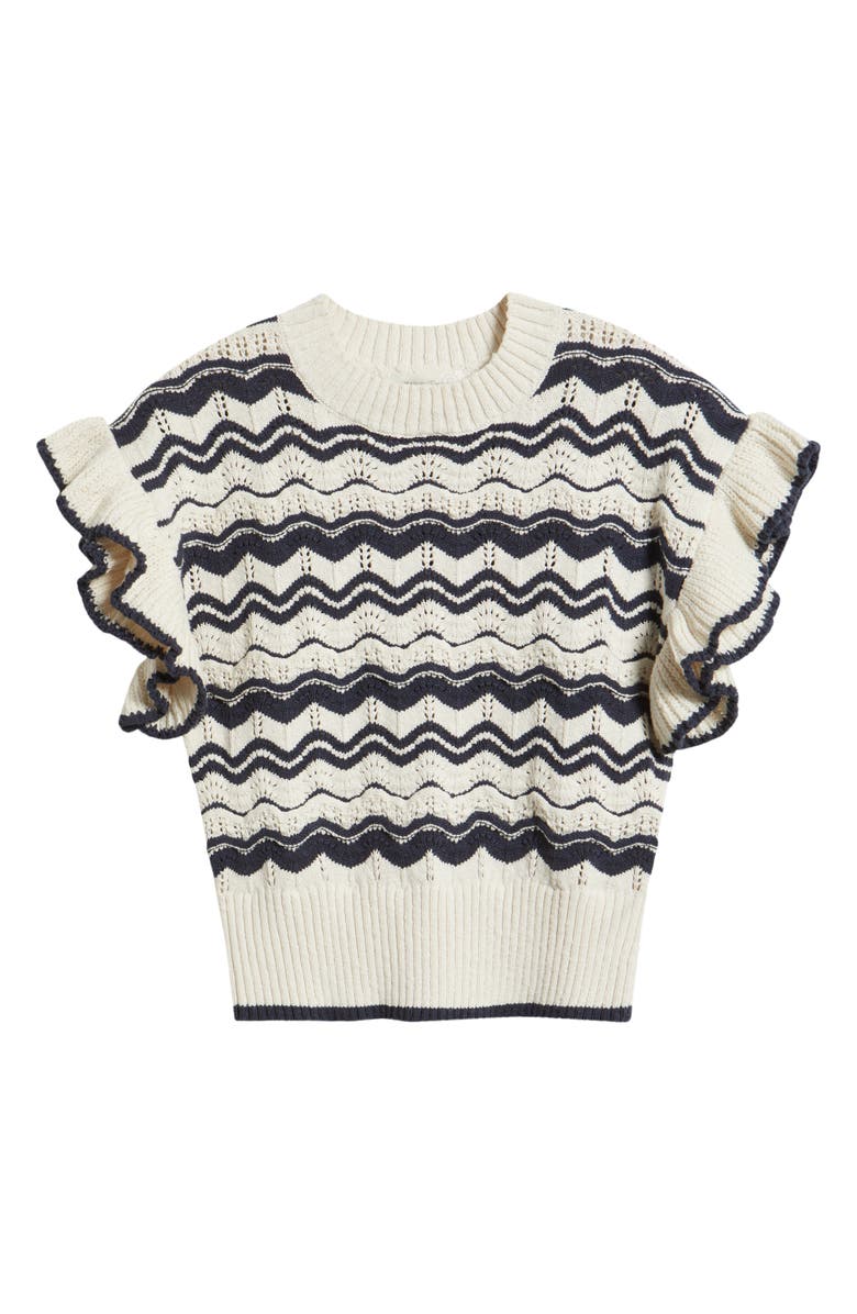 Treasure & Bond Flutter Sleeve Cotton Pointelle & Rib Sweater, Alternate, color, Navy- Ivory Wave Stripe