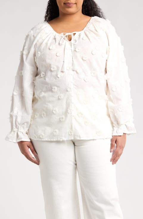 Floral Embroidered Long Sleeve Button-Up Top (Plus)