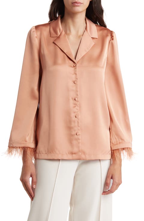 Laine Feather Trim Satin Button-Up Top