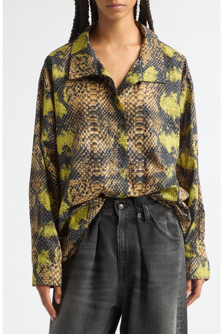 Tall Collar Boyfriend Button-Up Shirt in Faux Snakeskin, Alternate, color, BROWN GREEN SNAKE