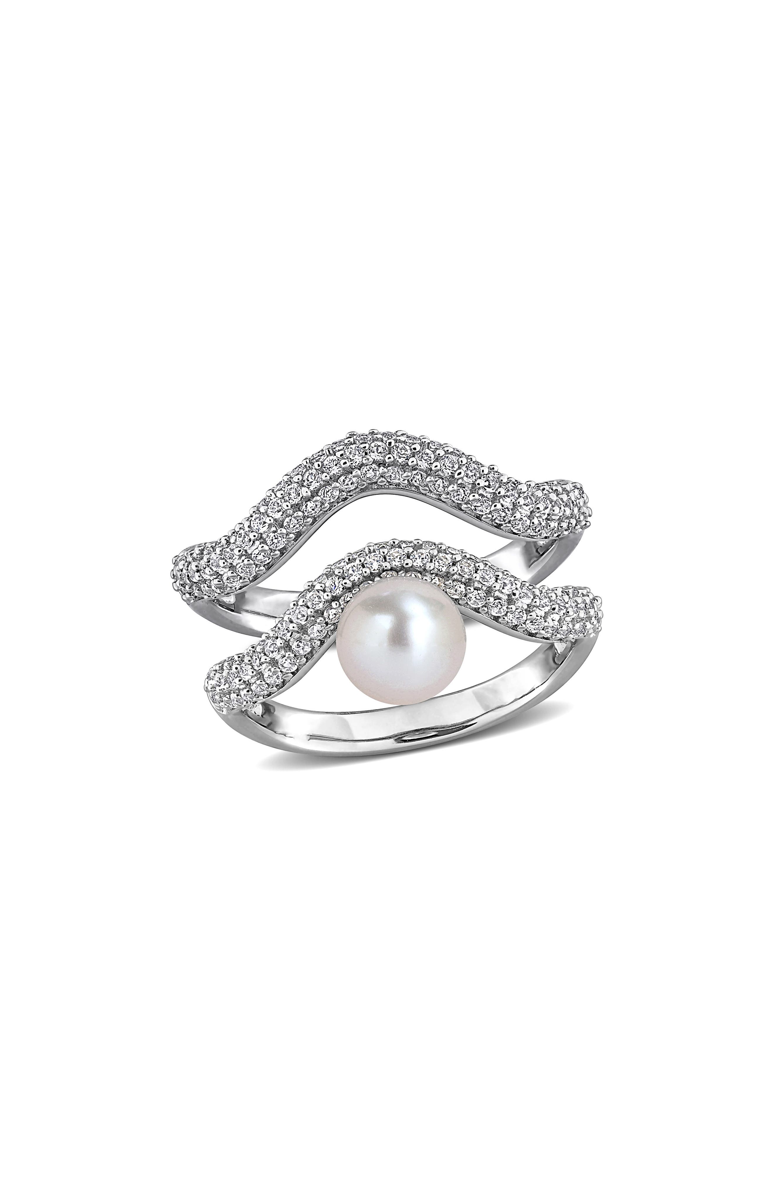 DELMAR Set of 2 Sterling Silver Pavé White Topaz & Cultured Pearl Wavy Band Rings