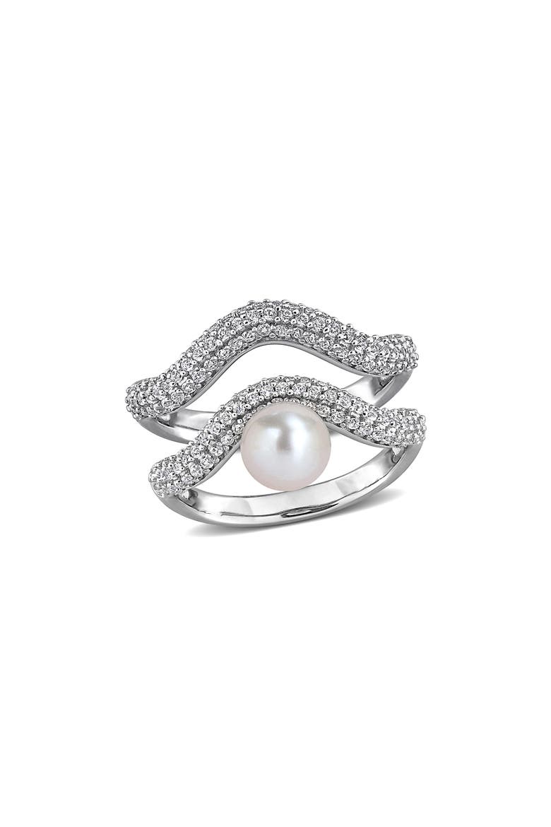 Set of 2 Sterling Silver Pavé White Topaz & Cultured Pearl Wavy Band Rings, Main, color, WHITE
