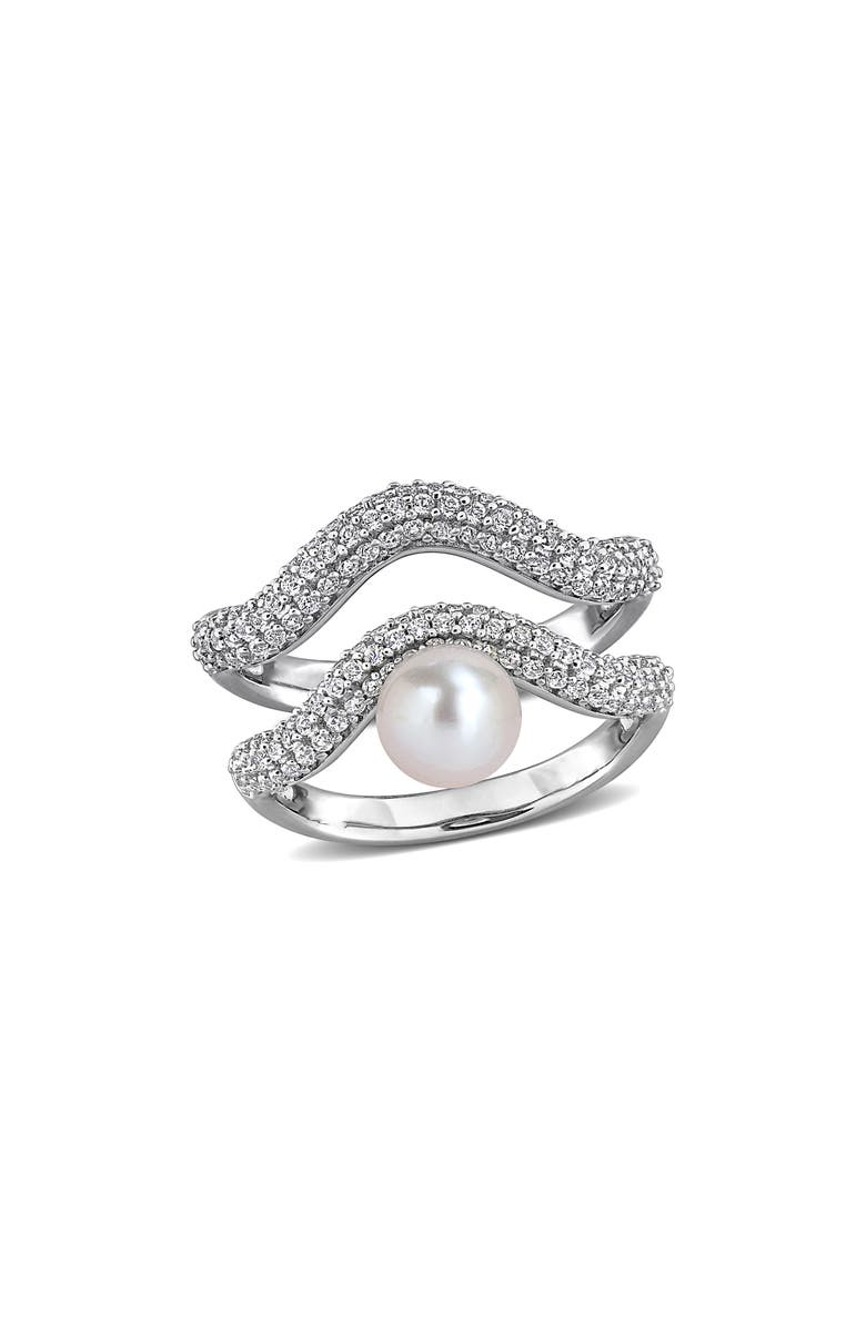 DELMAR Set of 2 Sterling Silver Pavé White Topaz & Cultured Pearl Wavy Band Rings, Main, color, 