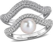 DELMAR Set of 2 Sterling Silver Pavé White Topaz & Cultured Pearl Wavy Band Rings