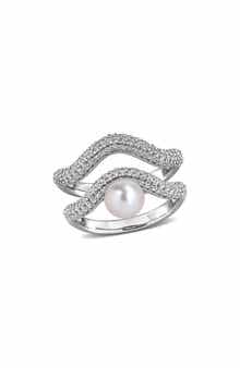 Set of 2 Sterling Silver Pavé White Topaz & Cultured Pearl Wavy Band Rings