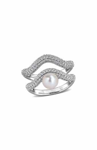 Set of 2 Sterling Silver Pavé White Topaz & Cultured Pearl Wavy Band Rings
