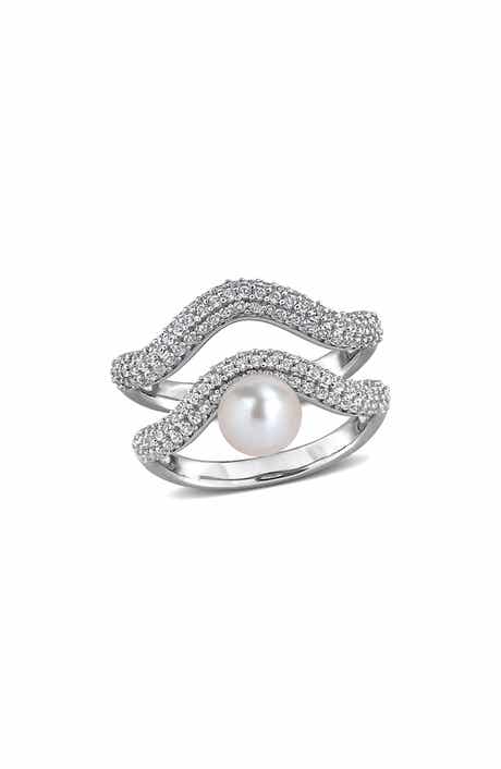 DELMAR Set of 2 Sterling Silver Pavé White Topaz & Cultured Pearl Wavy Band Rings