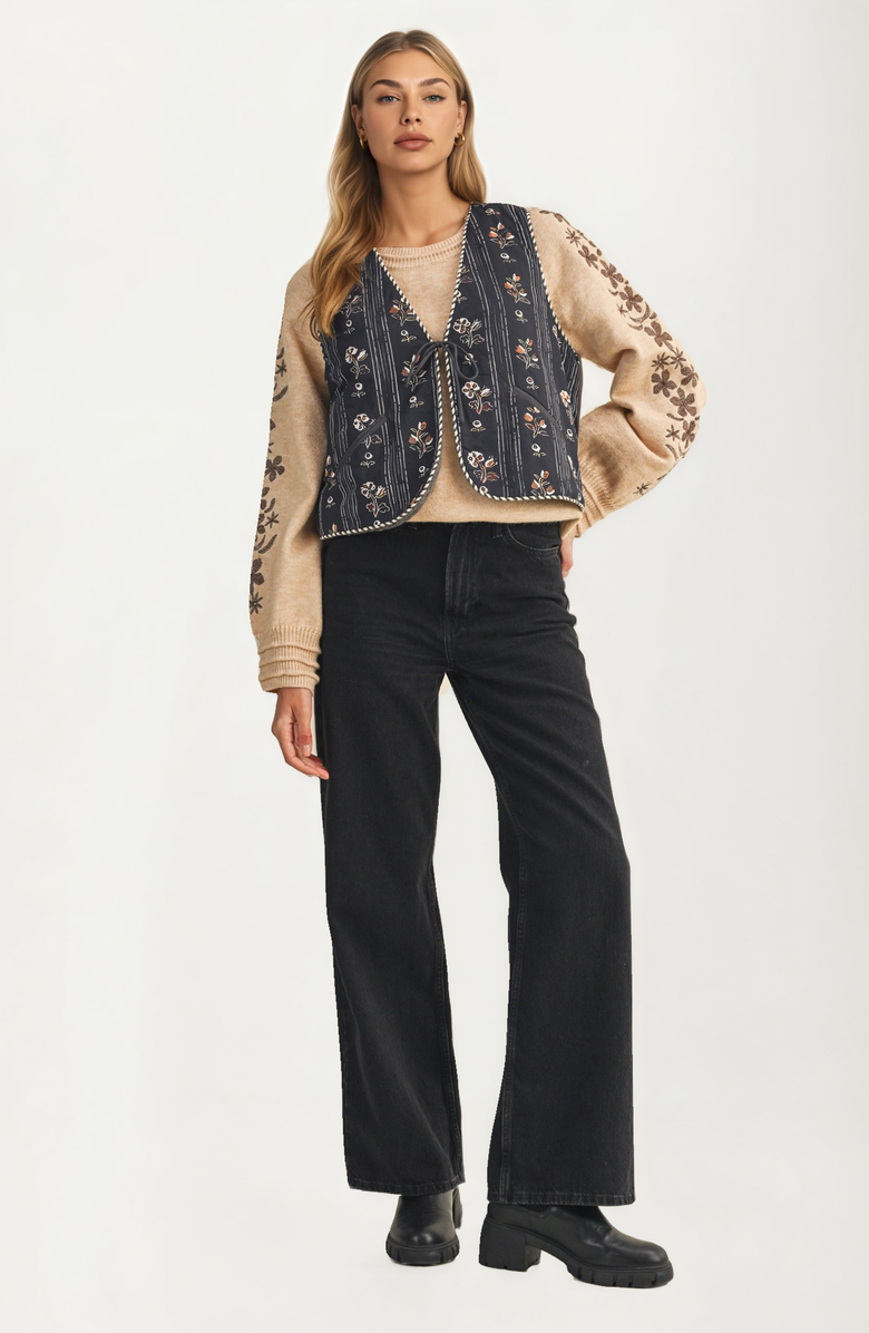 Knit and Lounge Embroidered Tie Front Vest with Floral Detailing, Alternate, color, Dark Blue / Floral