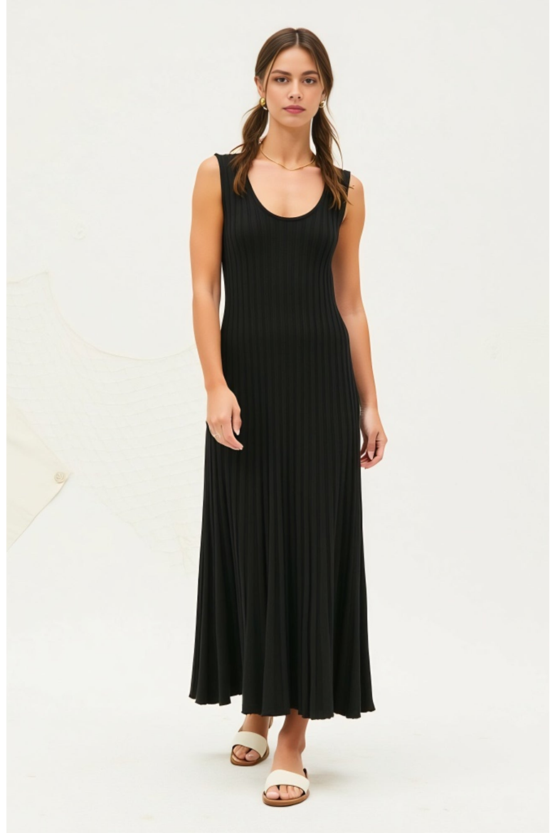 Sleeveless Ribbed Knit Scoop Neck Maxi Dress with Pleated Skirt, Alternate, color, Black