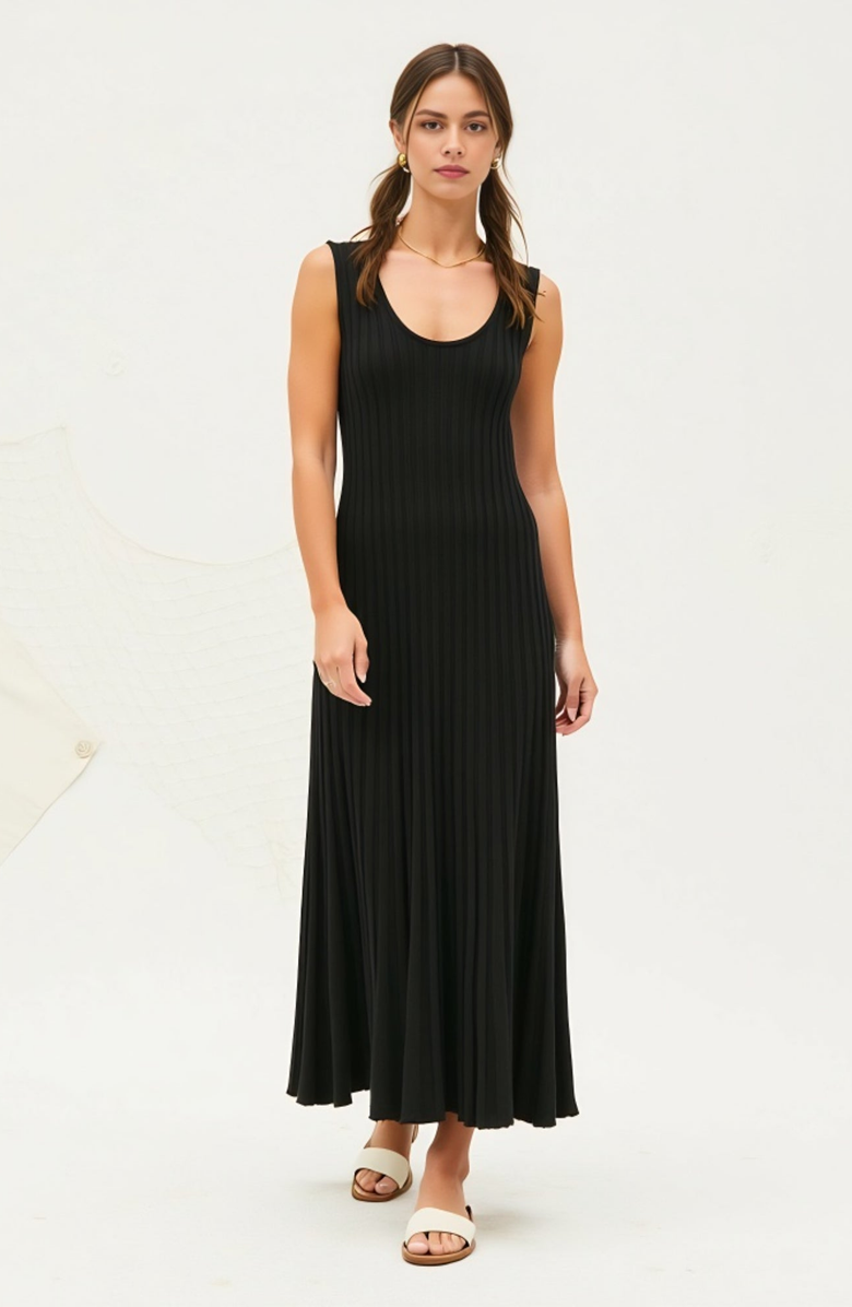 Modenaire Sleeveless Ribbed Knit Scoop Neck Maxi Dress with Pleated Skirt, Alternate, color, Black
