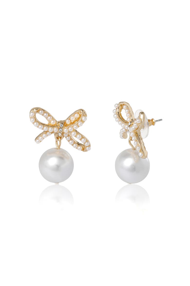 Bow Pearl Drop Earrings, Alternate, color, Gold
