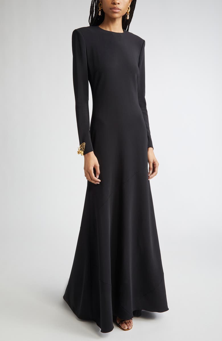 Oscar de la Renta Butterfly Detail Long Sleeve Open Back Gown, Main, color, Black