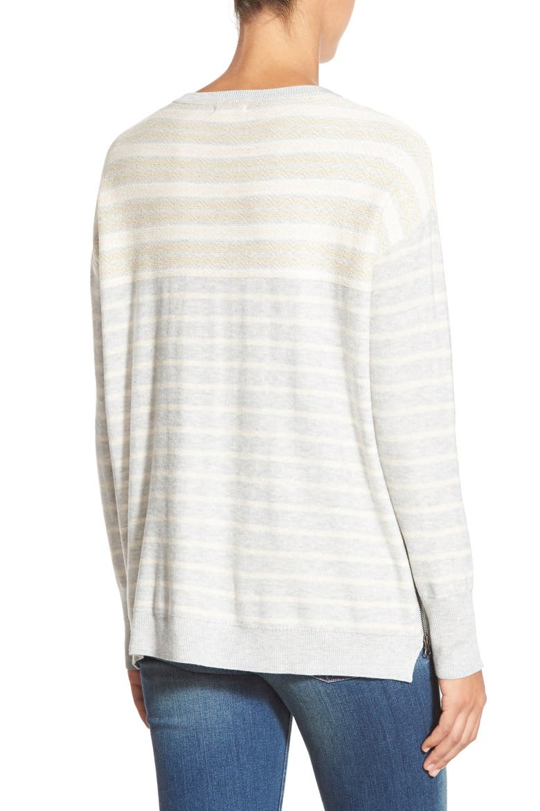 Side Zip Stripe Crewneck Sweater, Alternate, color, HEATHER GREY- OATMEAL PATTERN