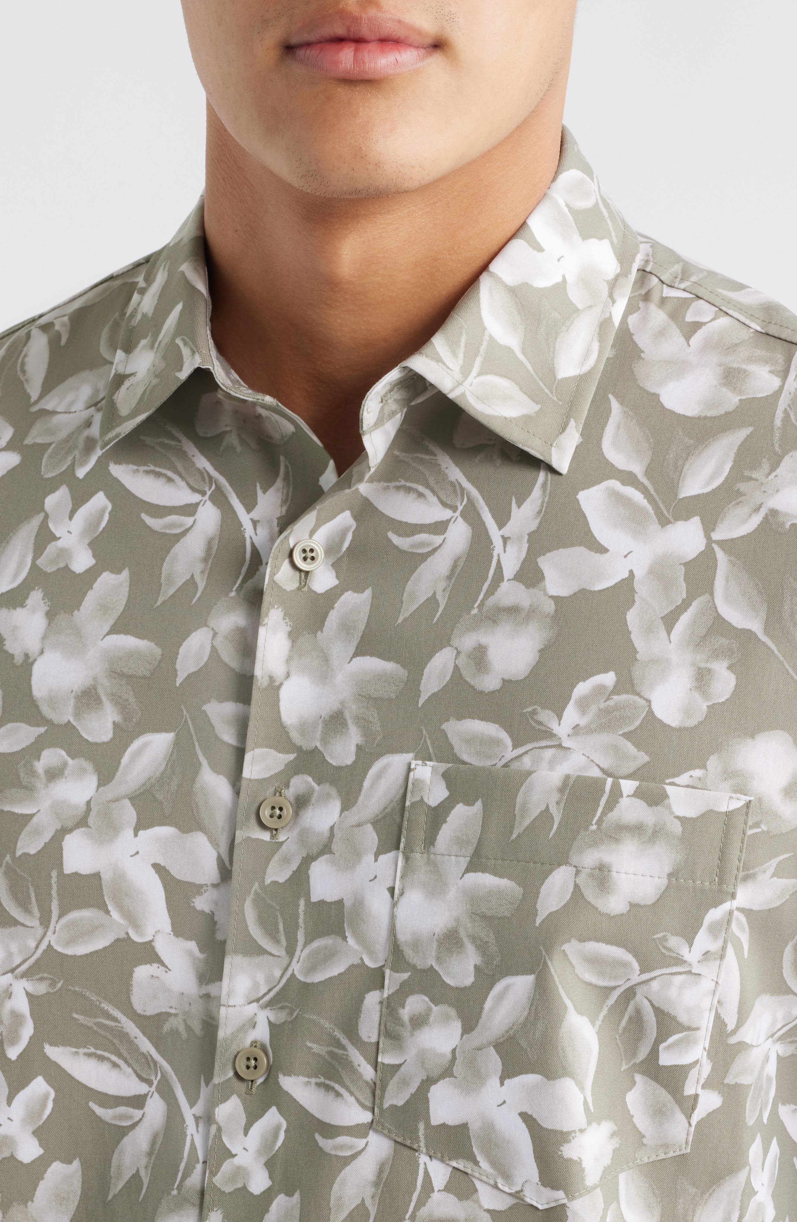 Leaf Print Short Sleeve Stretch Cotton Blend Button-Up Shirt - image 4