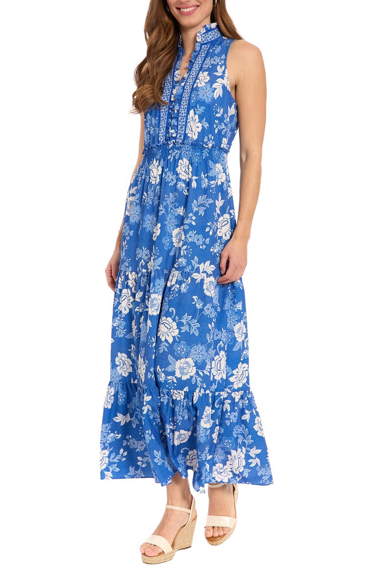 Ruffle Neck Smocked Waist Maxi Dress, Alternate, color, BLUE/ WHITE