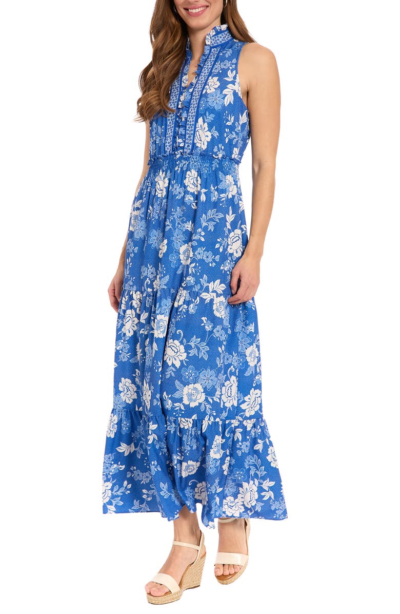 London Times Ruffle Neck Smocked Waist Maxi Dress, Alternate, color, Blue/ White
