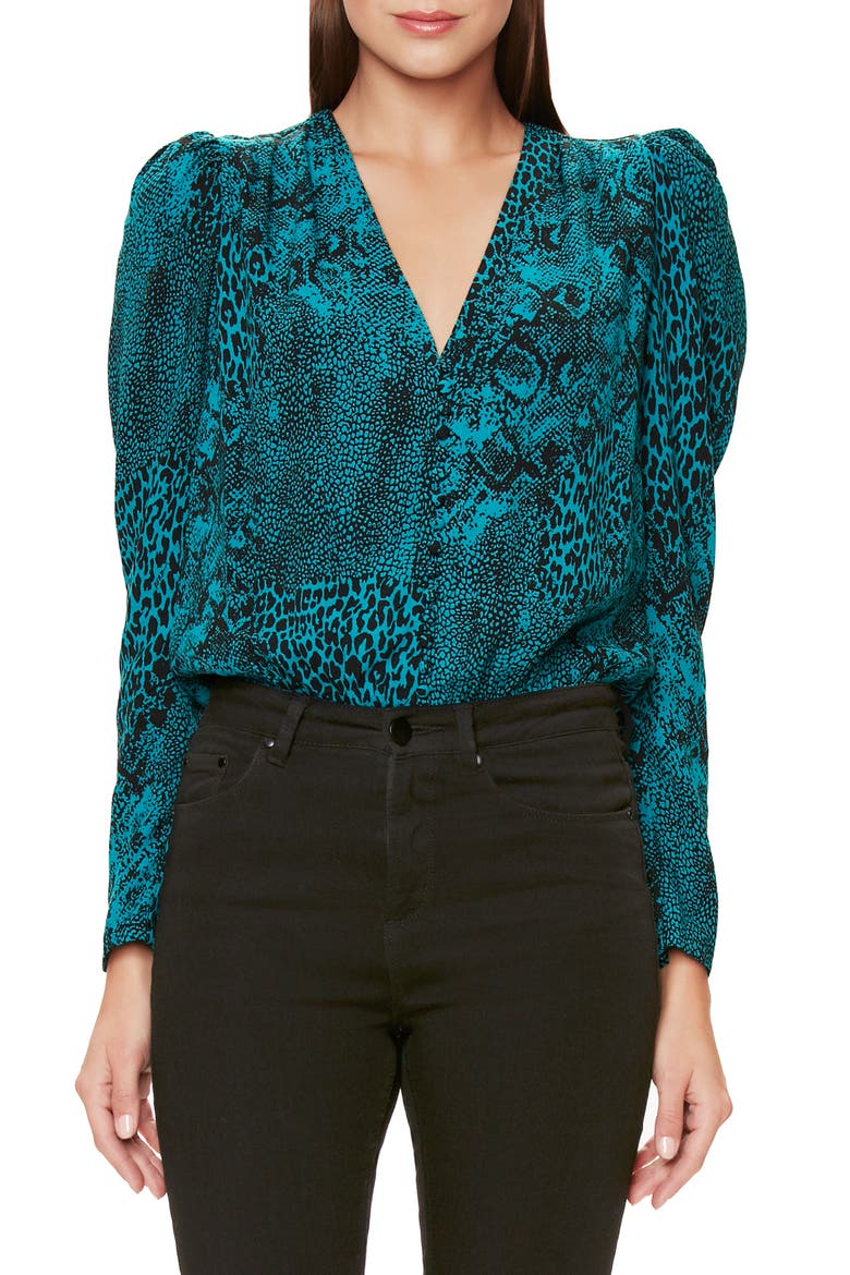 Rexy Button Front Bodysuit, Main, color, TEAL ANIMAL