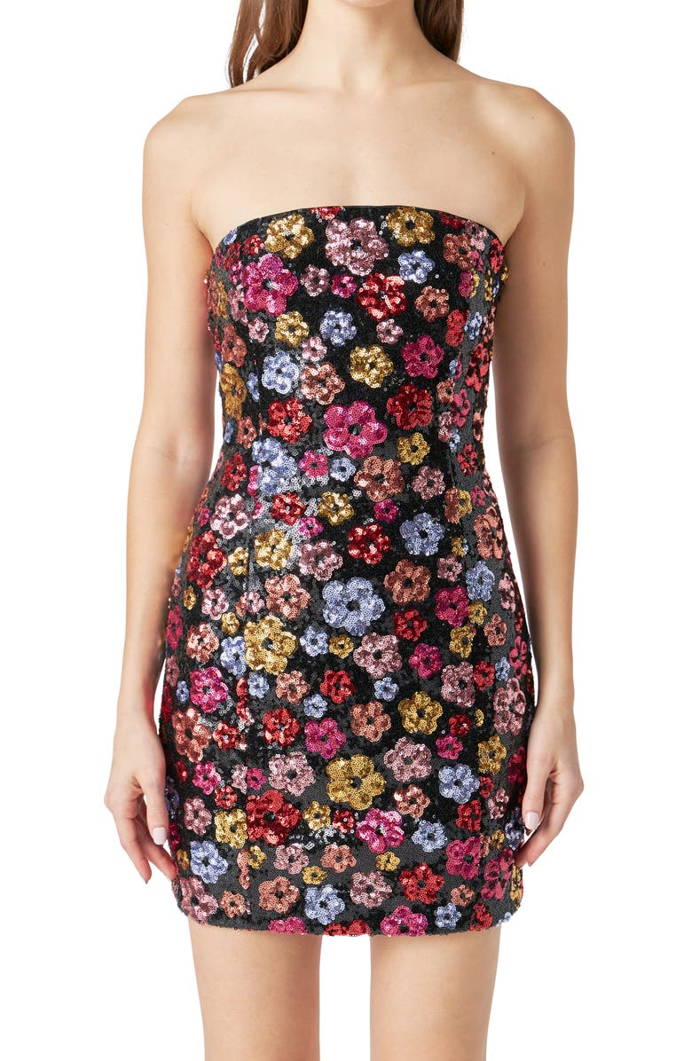 Endless Rose Floral Sequin Strapless Minidress, Alternate, color, Black Multi