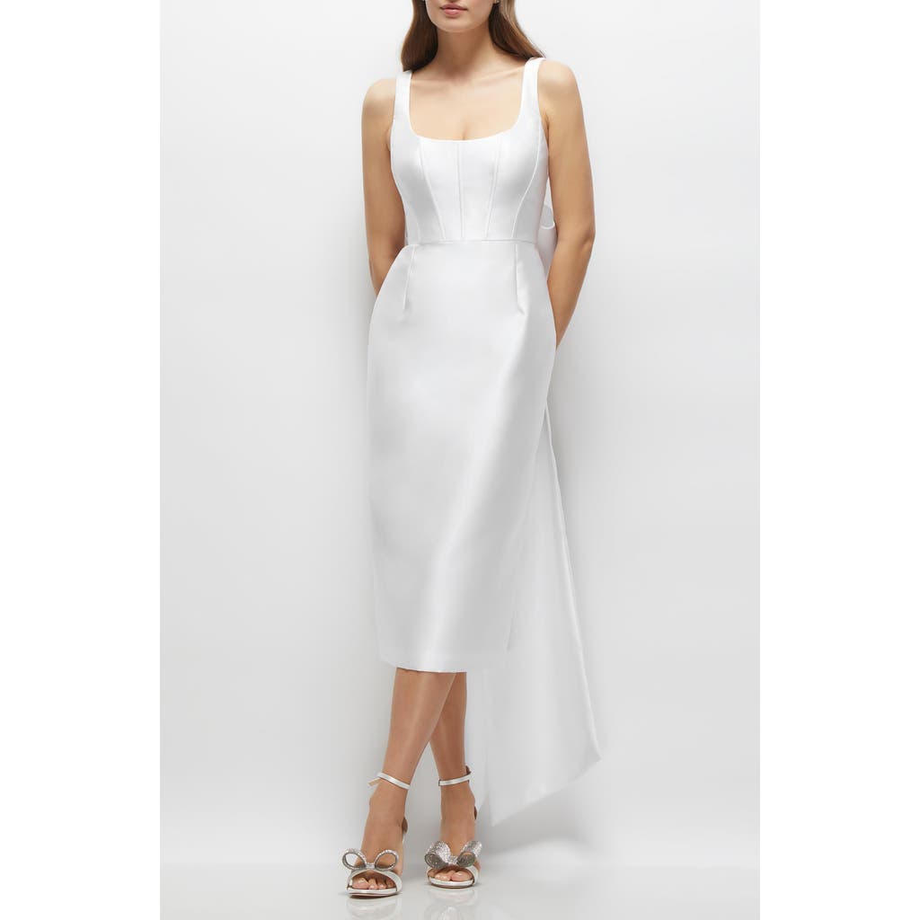 Alfred Sung Bow Back Satin Twill Midi Cocktail Dress in White