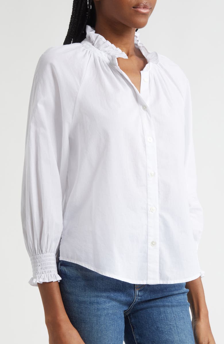 Veronica Beard Calisto Ruffle Collar Cotton Button-Up Shirt, Alternate, color, White