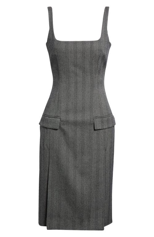 Ferragamo Sleeveless Herringbone Virgin Wool Blend Dress In Gray