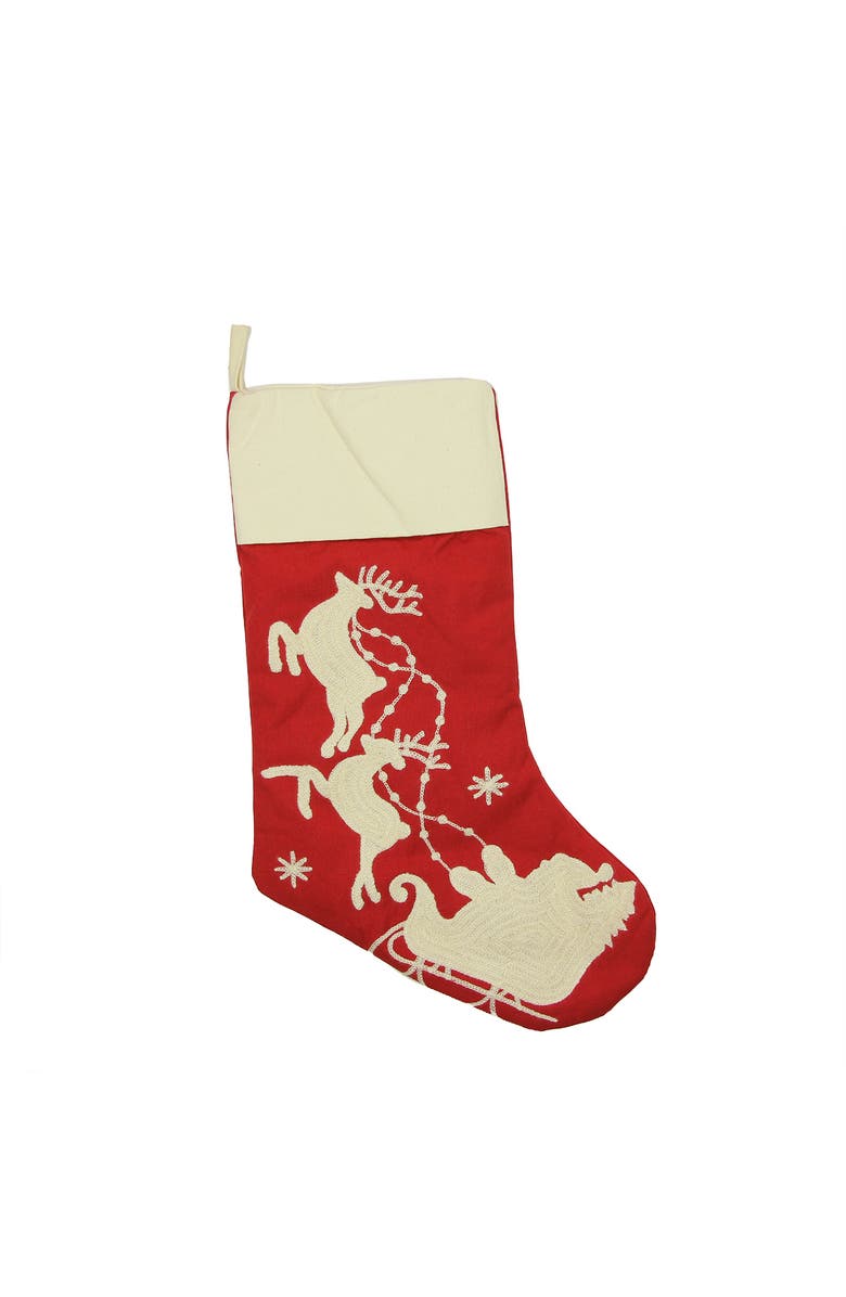 Gallerie II 20" Red and Off White Santa with his Sleigh and Reindeer Christmas Stocking, Main, color, Red