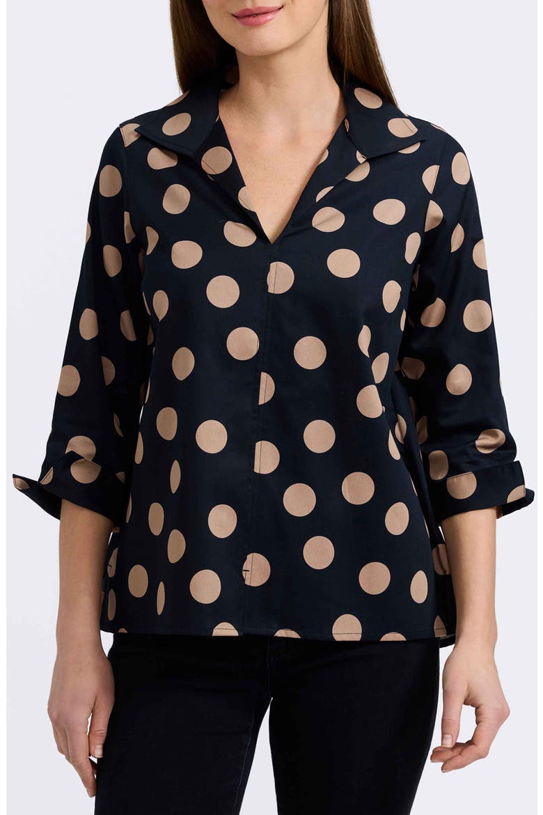 Agnes Dot Print Three-Quarter Sleeve Popover Top, Main, color, BLACK/ ALMOND