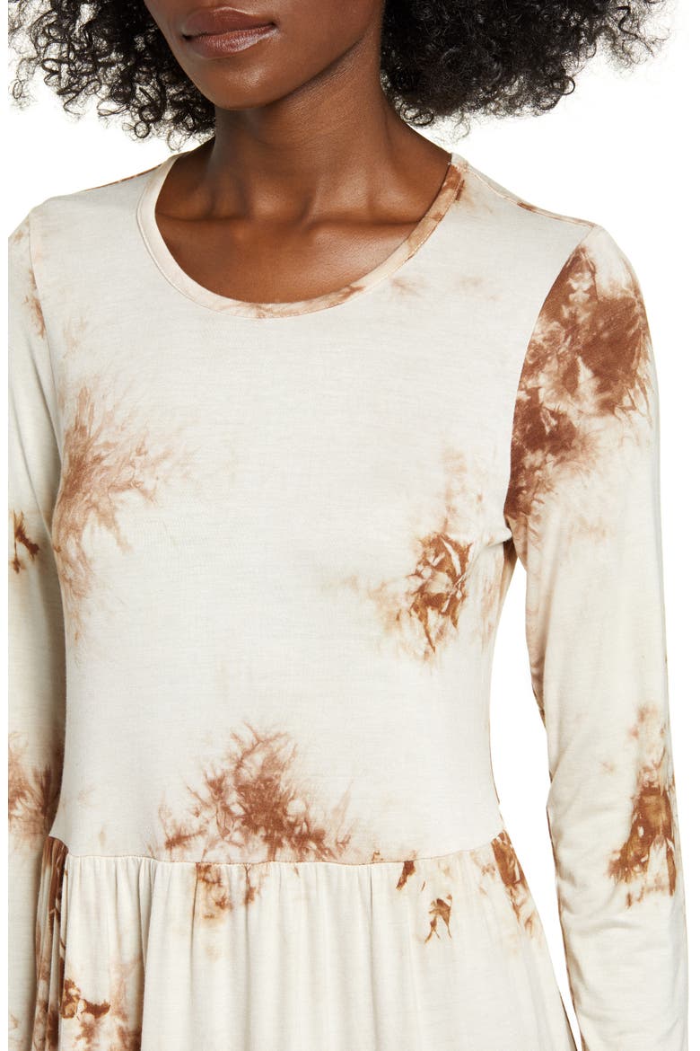 Tie Dye Long Sleeve Babydoll Dress, Alternate, color, TAN TIE DYE