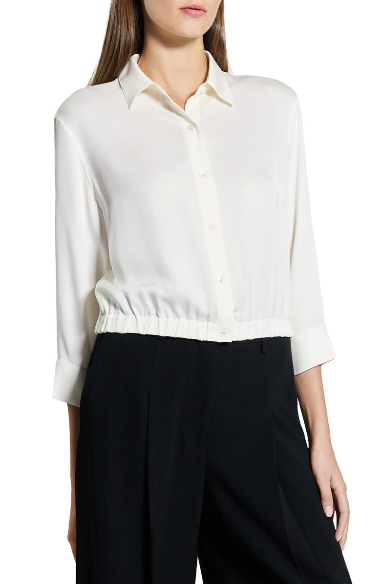 Theory Elastic Hem Silk Button-Up Shirt, Alternate, color, Ivory