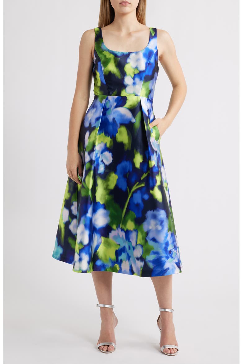 Print Pleated Sleeveless Midi Dress, Main, color, NAVY MULTI