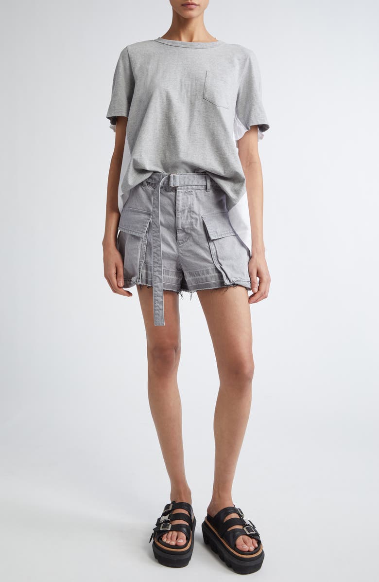 Sacai Mixed Media Poplin & Jersey Top, Alternate, color, L/ Gray/ Off White 378