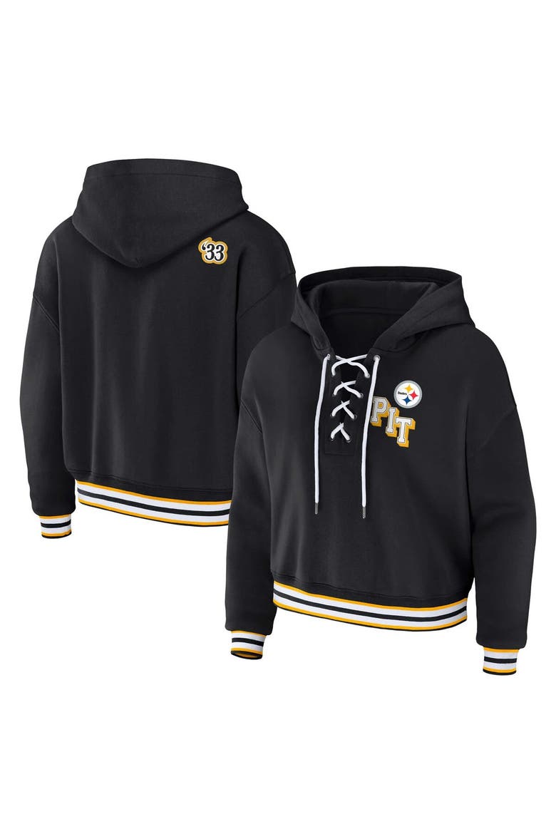 Women's WEAR by Erin Andrews Black Pittsburgh Steelers Plus Size Lace-Up Pullover Hoodie, Main, color, Black