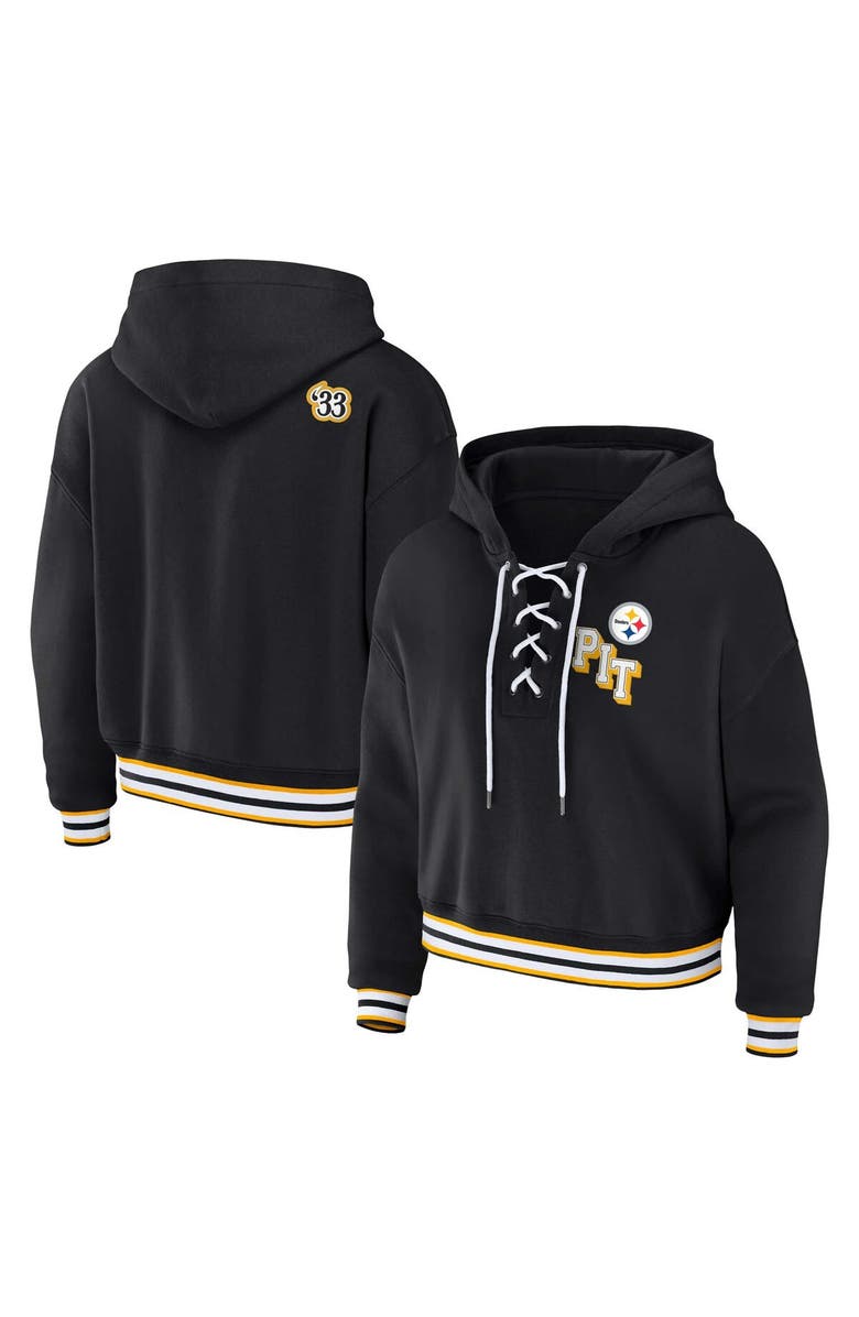 WEAR by Erin Andrews Women's WEAR by Erin Andrews Black Pittsburgh Steelers Plus Size Lace-Up Pullover Hoodie, Main, color, Black